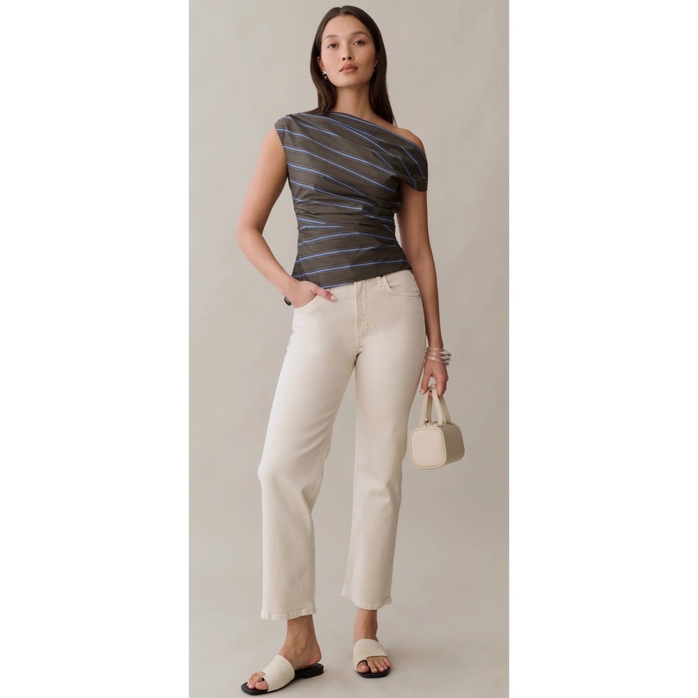 Few Moda o.p.t One Pretty Time Green Blue Striped Ruched Cowl Neck Top 4